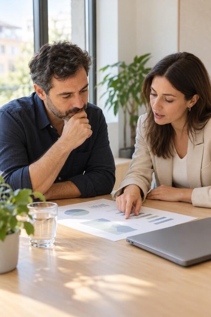 Dos personas repasan un informe impreso en una mesa de reuniones.