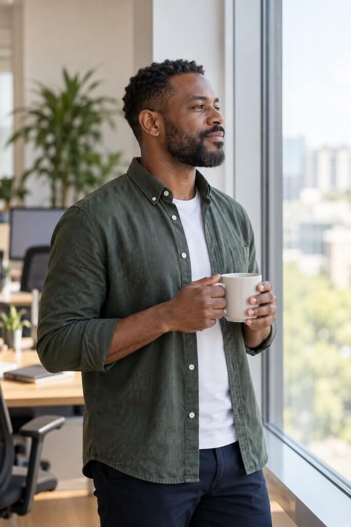 Un empleado con un café mira por la ventana de la oficina, pensativo.