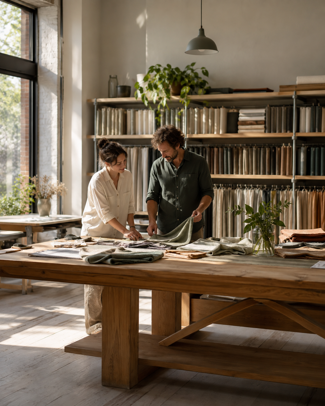 Two people selecting fabrics together in a workshop.