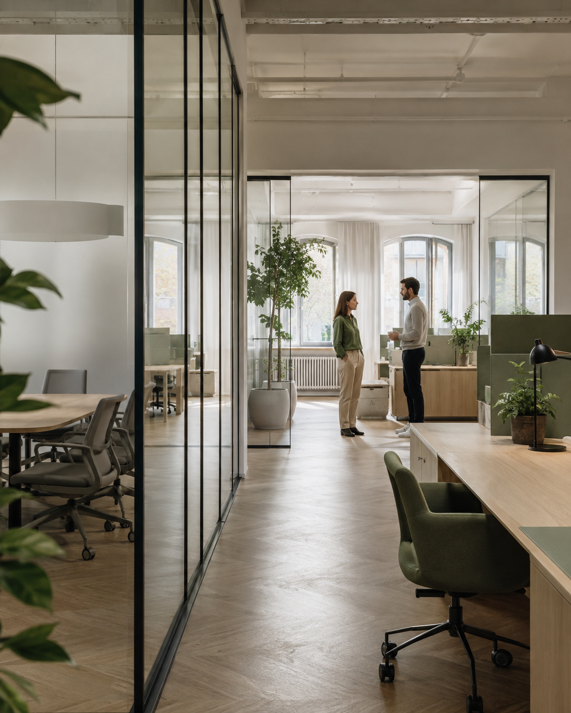 Two people talking in a bright office.