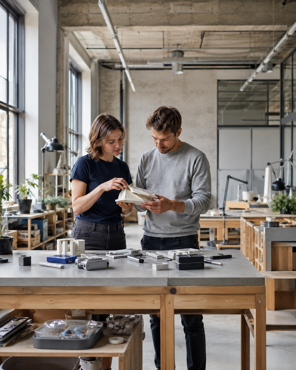 Two people reviewing a prototype together in a workshop.